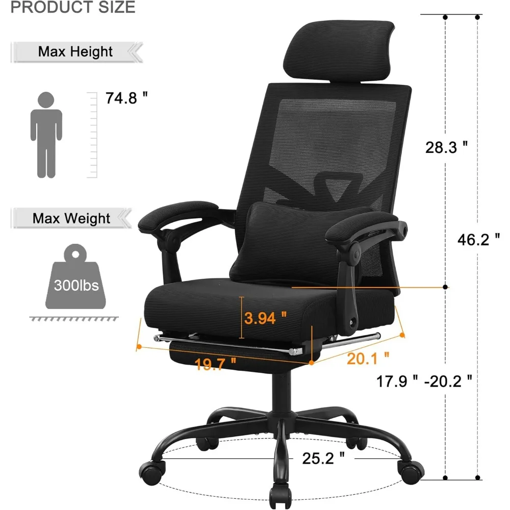 Ergonomic Office Chair with Footrest Home Office Desk Chair with Headrest and Backrest 90-135 Adjustable Mesh ComputerDesk Chair