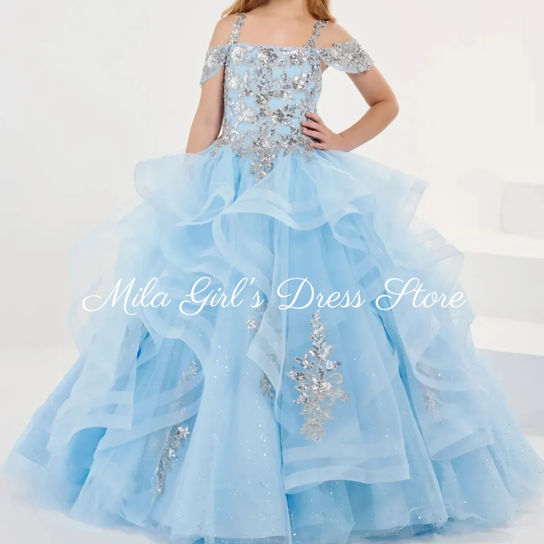 Luxury Off Shoulder Flower Girl Dress Blue Tulle Quality Applique Little Princess Wedding Birthday Evening Ball Gowns Customized