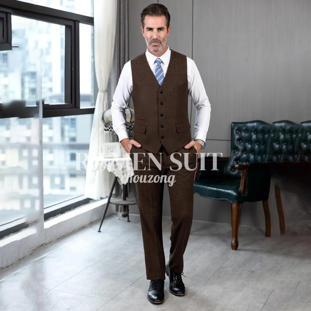 Mens Vintage Classic Herringbone Pattern Suit Vest V Neck Casual Wool Blend Waistcoat for Men chaleco hombre