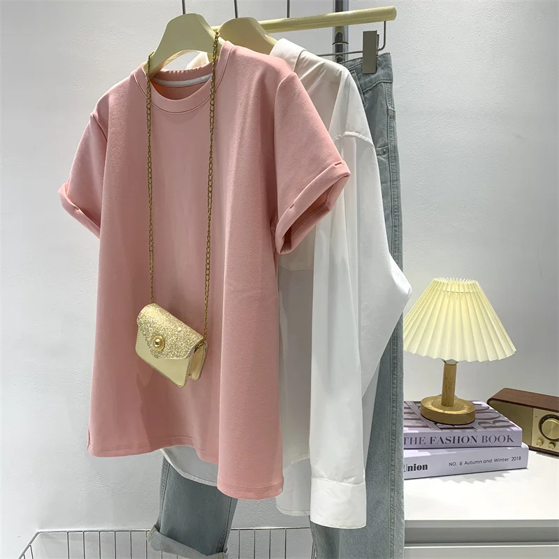 T-shirt ort Sve con risvolto a strati d'aria extra large da 300 Pou T-shirt da donna blu peaco estiva tinta unita semplice taglie forti