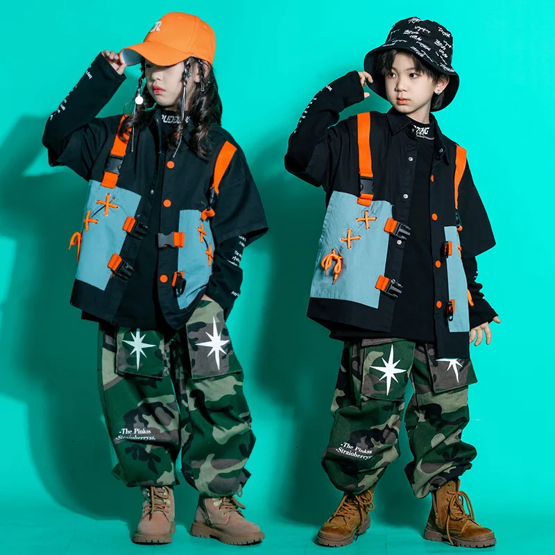 

Kid Hip Hop Clothing Strap Cord Shirt Sweatshirt Camo Street Tactical Cargo Jogger Pants for Girl Boy Jazz Dance Costume Clothes