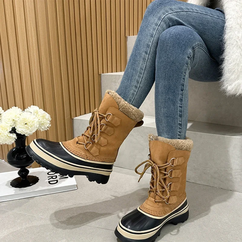 Bottes de neige imperméables d'hiver, bottes de Ski de randonnée en plein air, doublure polaire chaude et épaisse, confortables, antidérapantes, mi-mollet, à lacets, pour Couples