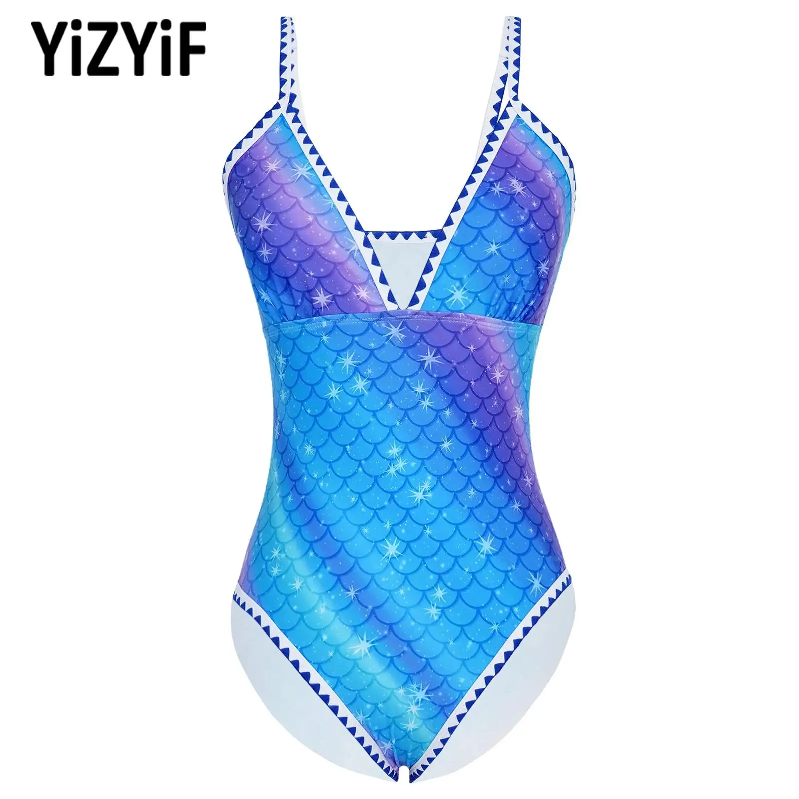 

Women Sexy One-piece Mermaid Swimsuit Deep V Neck Sleeveless High Cut Swimwear Fish Scale Print Bathing Summer Biquini Beachwear