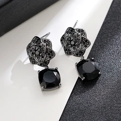 New Trendy Black Flowers Cubic Zirconia Earrings For Women Vintage Drop Earring Lady's Accessories Wedding Party Jewelry Gift