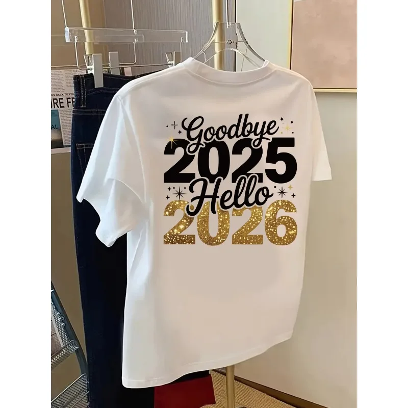 Camiseta de manga corta delantera y trasera- Adiós 2025 Hola 2026 Camiseta estampada de moda para mujer primavera y verano