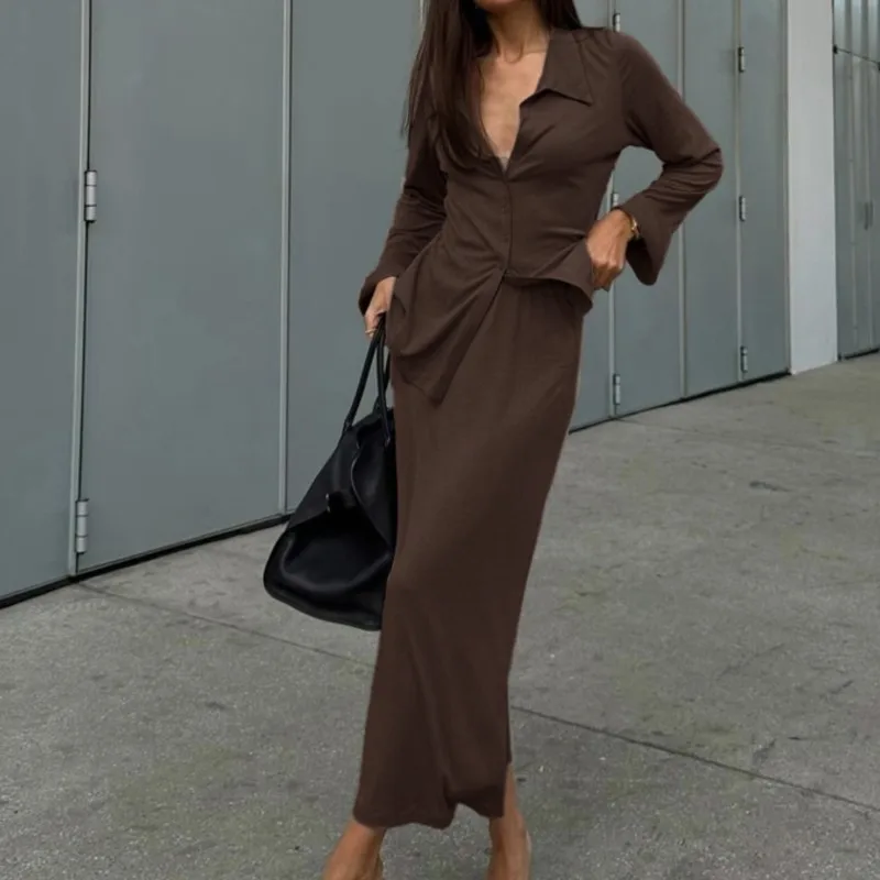 

Fashion Loose Brown Women's Two Pieces Set Elegant Long Sleeve Shirt With High Waist Long Skirt Set Female Streeetwear Outfits