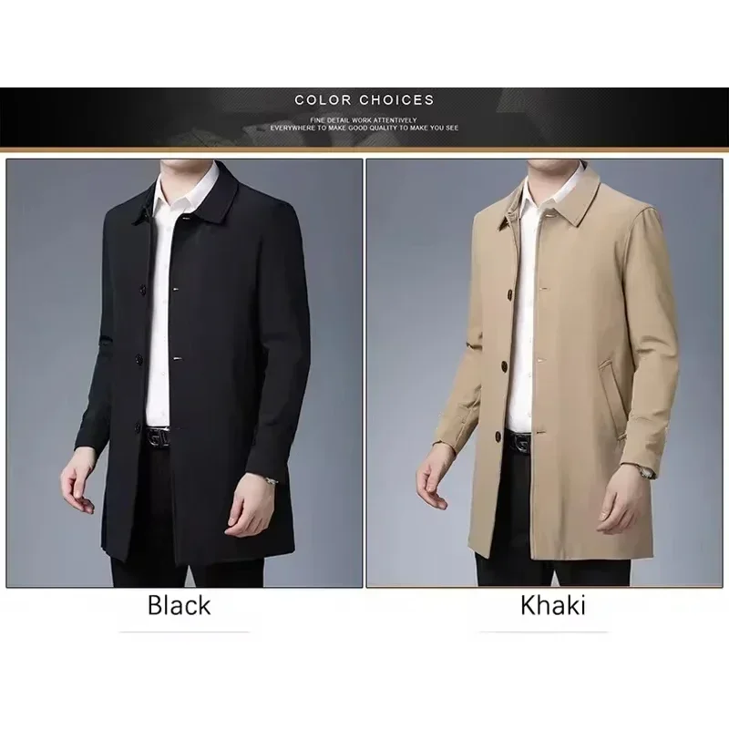 BROWON Brand Business Casual Trench Coats Men Turn-Down Collar Solid Color Long Mens Jacket 2024 Fashion Windbreaker Clothes Men