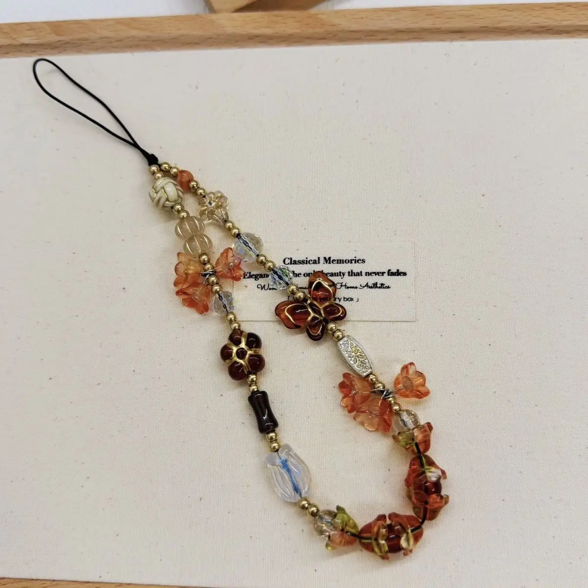 Vintage Brown Bellflower Phone Charm Lanyard Retro Beaded Butterfly Short Wrist Strap Bracelet for Women Bag CCD Camera Pendant