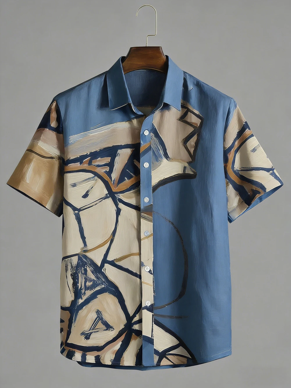 Modern Abstract Line Graffiti Art Pattern Unisex Short Sleeve Blouse Camp Collar Loose Vacation Shirt