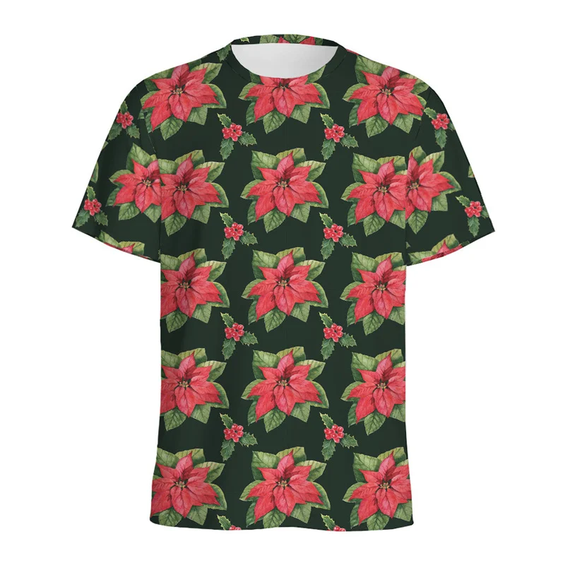 Poinsettia Flower 3D Printed T Shirt For Men Women Red Floral Pattern T-Shirt Casual Street Loose Short Sleeves Round Neck Tees