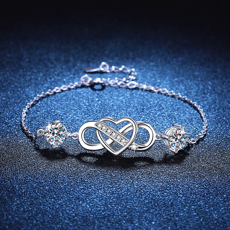 

S925 Silver White Gold Plated 2CT D Color Moissanite Infinity Heart Bracelet for Women, Valentine's Day Gift Exquisite Jewelry.