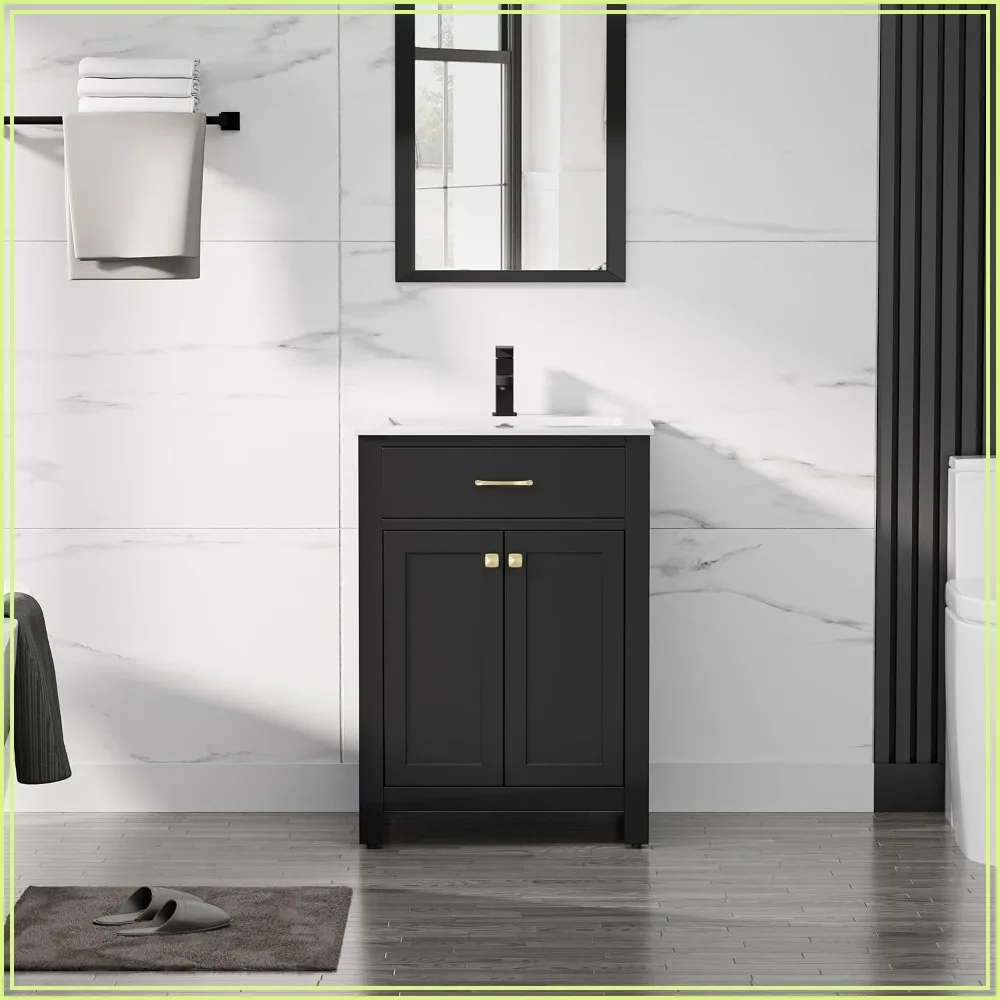 24 inch Bathroom Vanity with Sink, Painted Cabinet, White Sink, Soft Close Doors, Matte Black Faucet