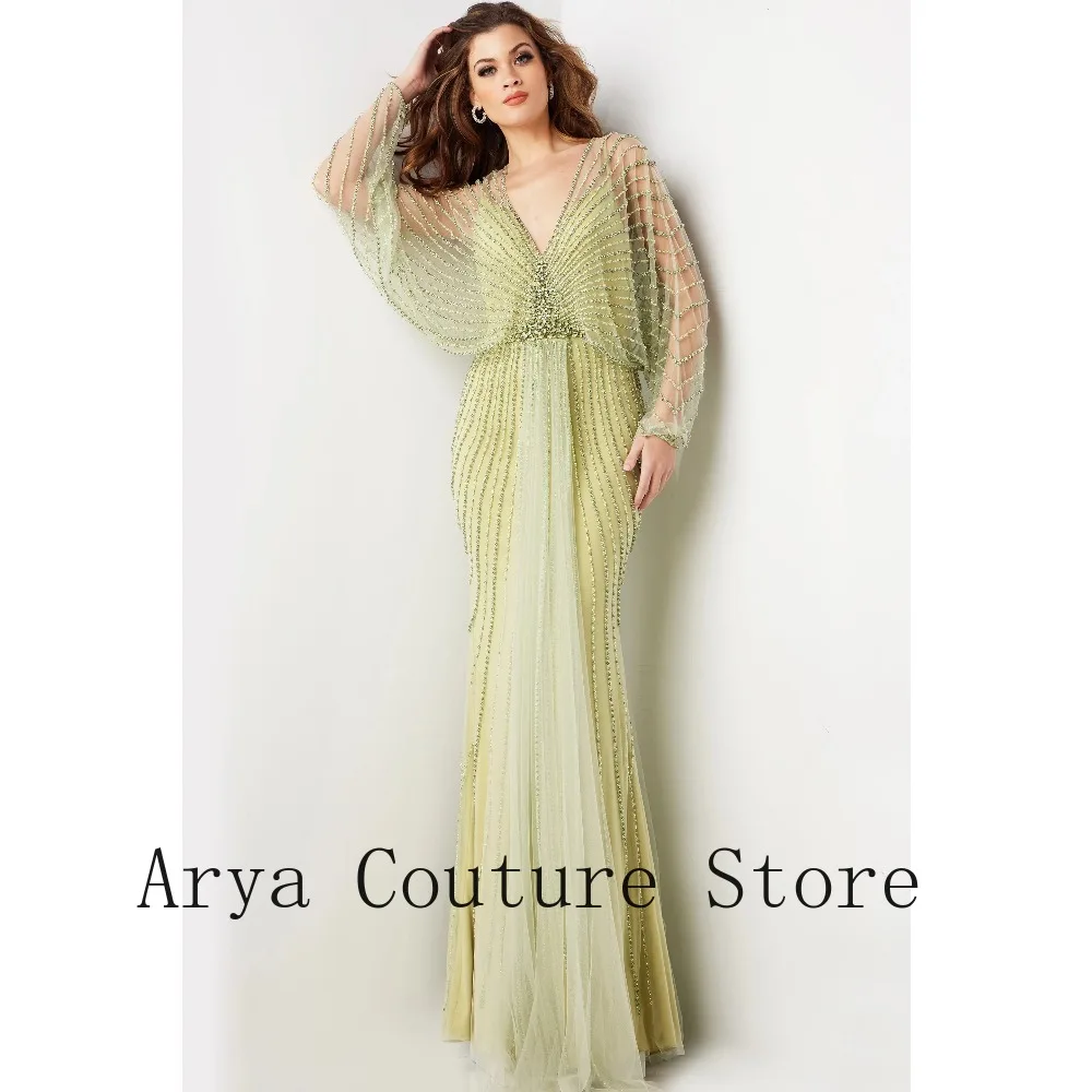 Customized Sage Green Beaded Tulle Gown V-Neck Formal Maxi Dress with Gradient Beading for Gala, Wedding & Black Tie Events