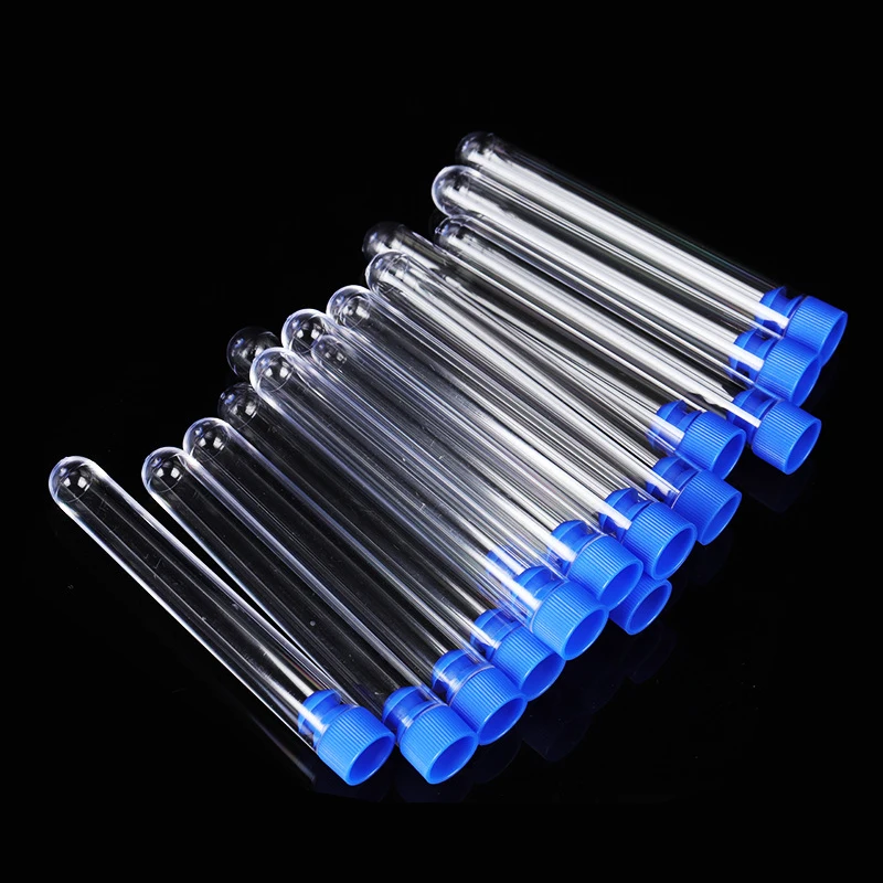50 stücke Labor transparent Reagenzglas 12x75mm (5ml) klar ps Kunststoff Reagenz gläser mit blauen oder roten Kappen – Detail 1
