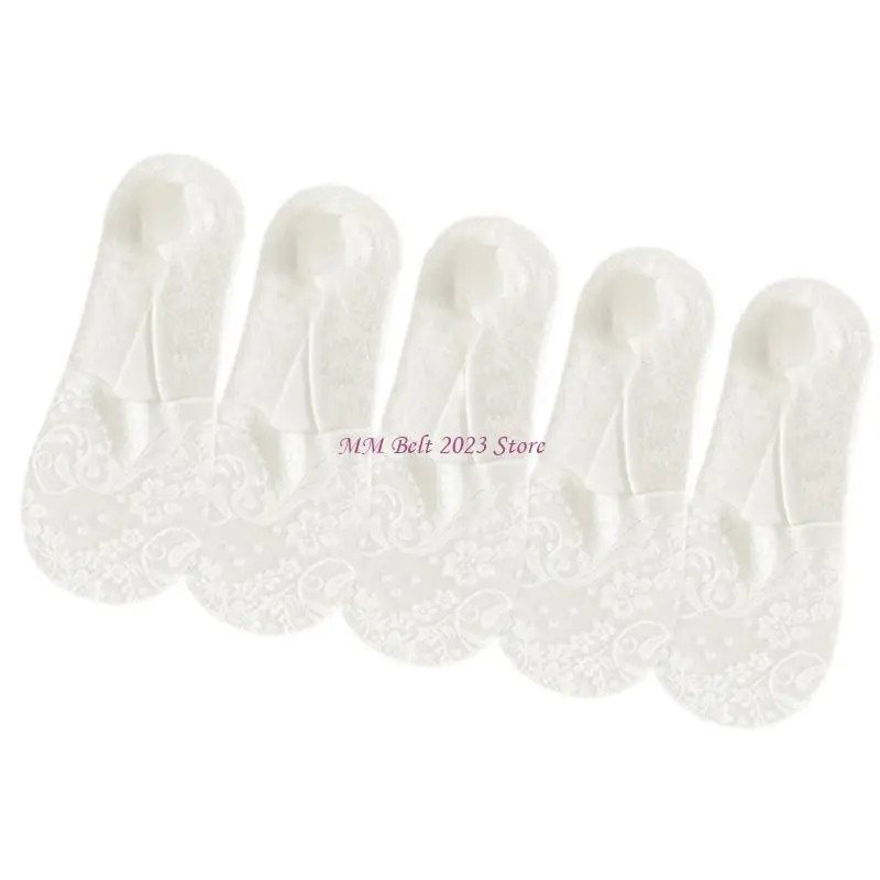 

49ME 5 Pair No Show Socks Low Cut Socks with Lace Trim Antis Slip Invisible Liner Socks