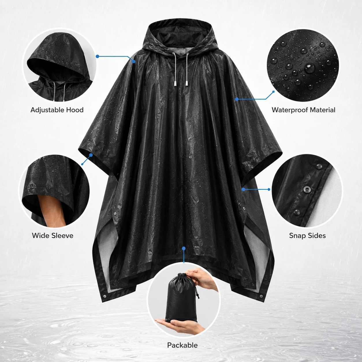 3 in 1防水アウトドアポンチョ、フード付き袖付きレインコ - Emergency Poncho Rain のレビューと価格