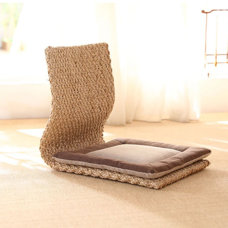 Japanese Tatami Chair Legless Rattan Seat Bedside Computer Chair Natural Grass Weaving Bay Window Single Sofa Room Furniture