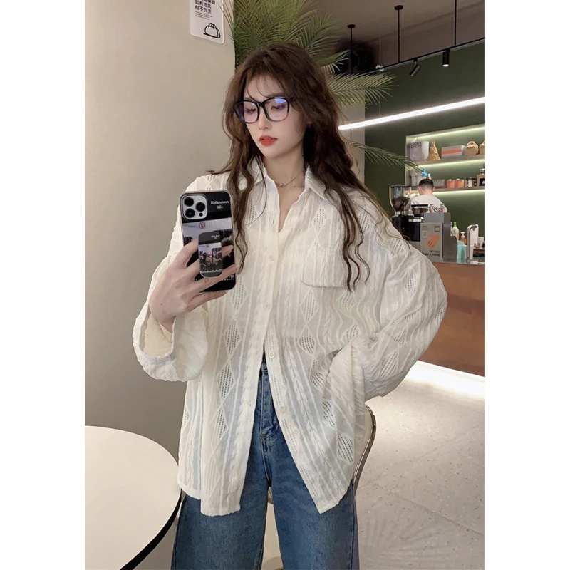 Street Casual White Loose Blouse Spring Summer New Long Sleeve Polo Neck Solid Color Thin Shirt Tops Fashion Trend Women Clothes