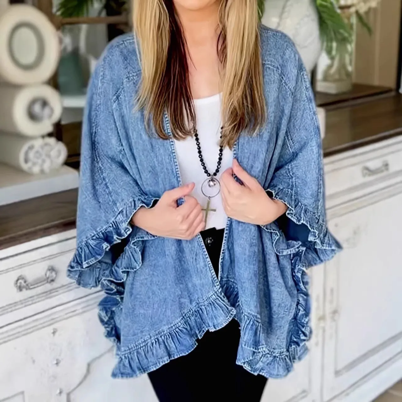 No Hood Irregular Hem Shawl with Three Quarter Sleeve Collarless Regular Length European and American Style Summer for Women