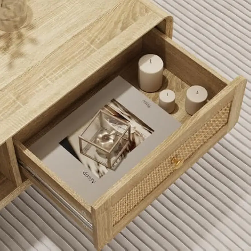 Coffee Table with Drawer & Open Shelf, Central Table Living Room Table with Solid Wood Legs, Rattan Drawer Surface