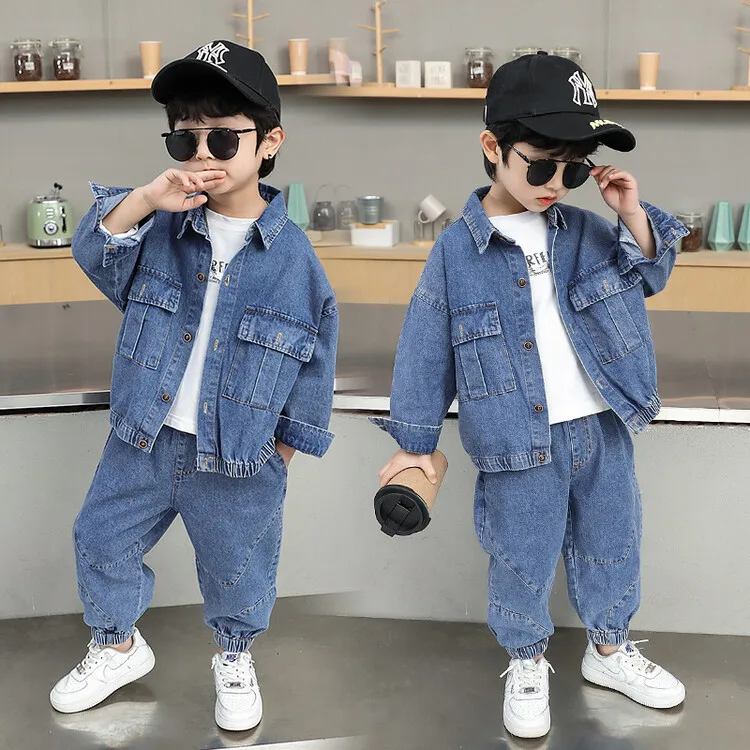 Boys' denim suit 2026 Spring and Autumn collection new children's trendy cool solid color denim