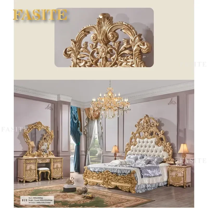 Best Price Custom Rococo Gold Leaf Leather King Bed Royal Solid Wooden Bed