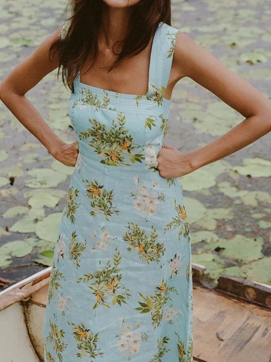 Vestido largo femenino de vacaciones de cintura alta sin mangas con cuello cuadrado 100% de lino con estampado Floral azul para mujer