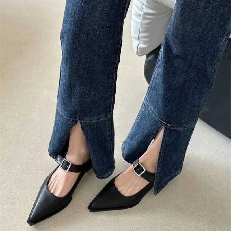 New Fashion Sexy Banquet Comfortable Pointed Toe Buckle Sandals Women\'s Solid Color High Heels Leather Shoes Zapatos Mujer