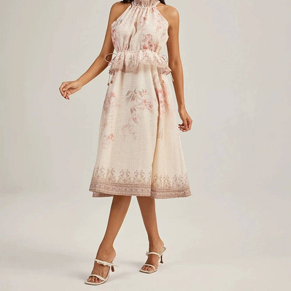 

Elegant and fashionable French holiday style halterneck ruffled sleeveless printed dress-GZXX206