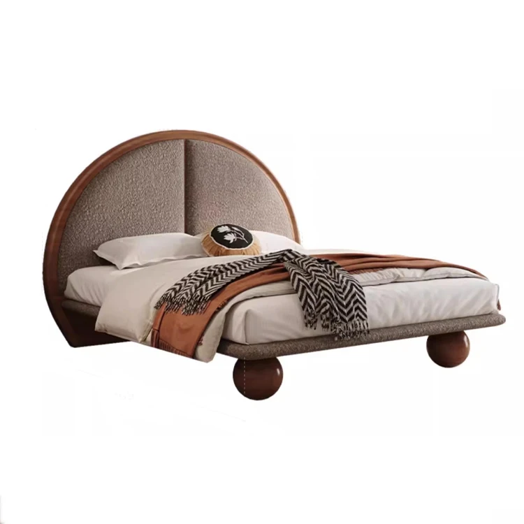 

# Luxury Retro Lamb Wool Fabric Bed for Bedroom, Semi-Circular Headboard with Plush Fleece Upholstery & Wooden Ball Feet