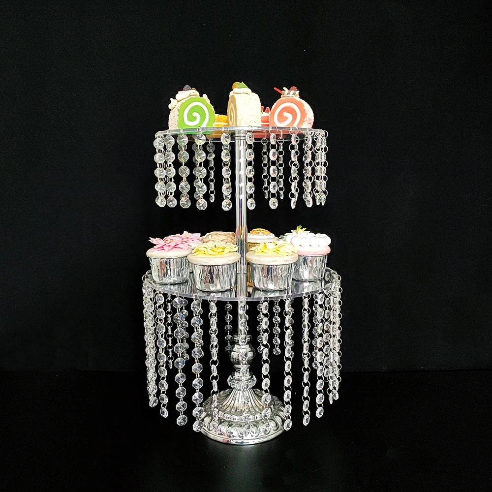 1pcs-3pcs/lot  Round Cake Serving Stand with Crystal  Dessert Cupcake Pastry with Hanging Acrylic Crystals for Wedding Event