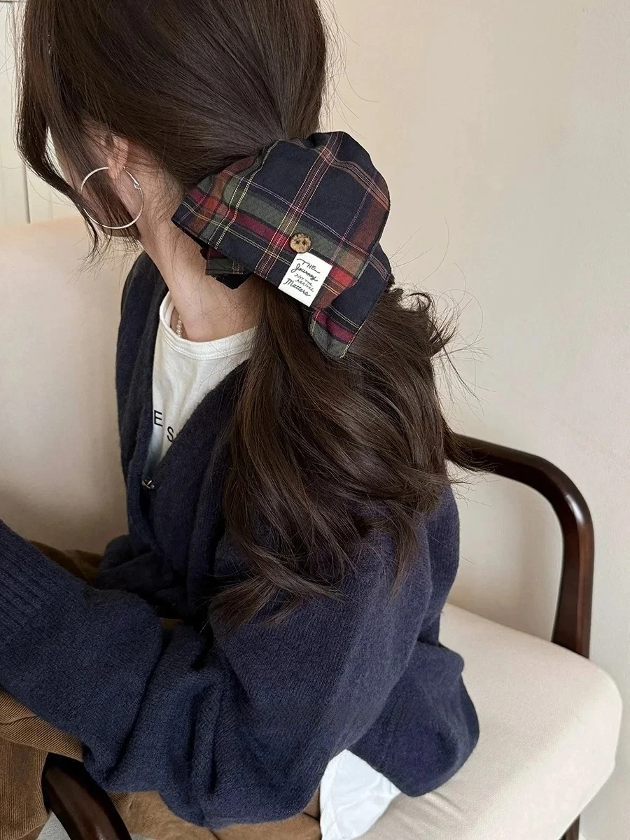 1PC Vintage British Style Checkered Square Hair Tie Fashion Button Elastic Rubber Band for Low Ponytail Versatile Headwear image 4