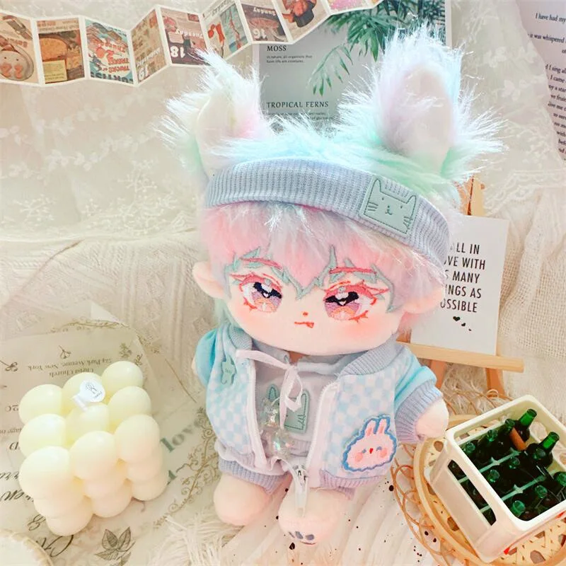 20cm Kawaii Colorful Boy Doll Cartoon Male Baby with Animal Ears Dazzling Colorful Hair Fashion Clothing Idol Doll for Kids Gift