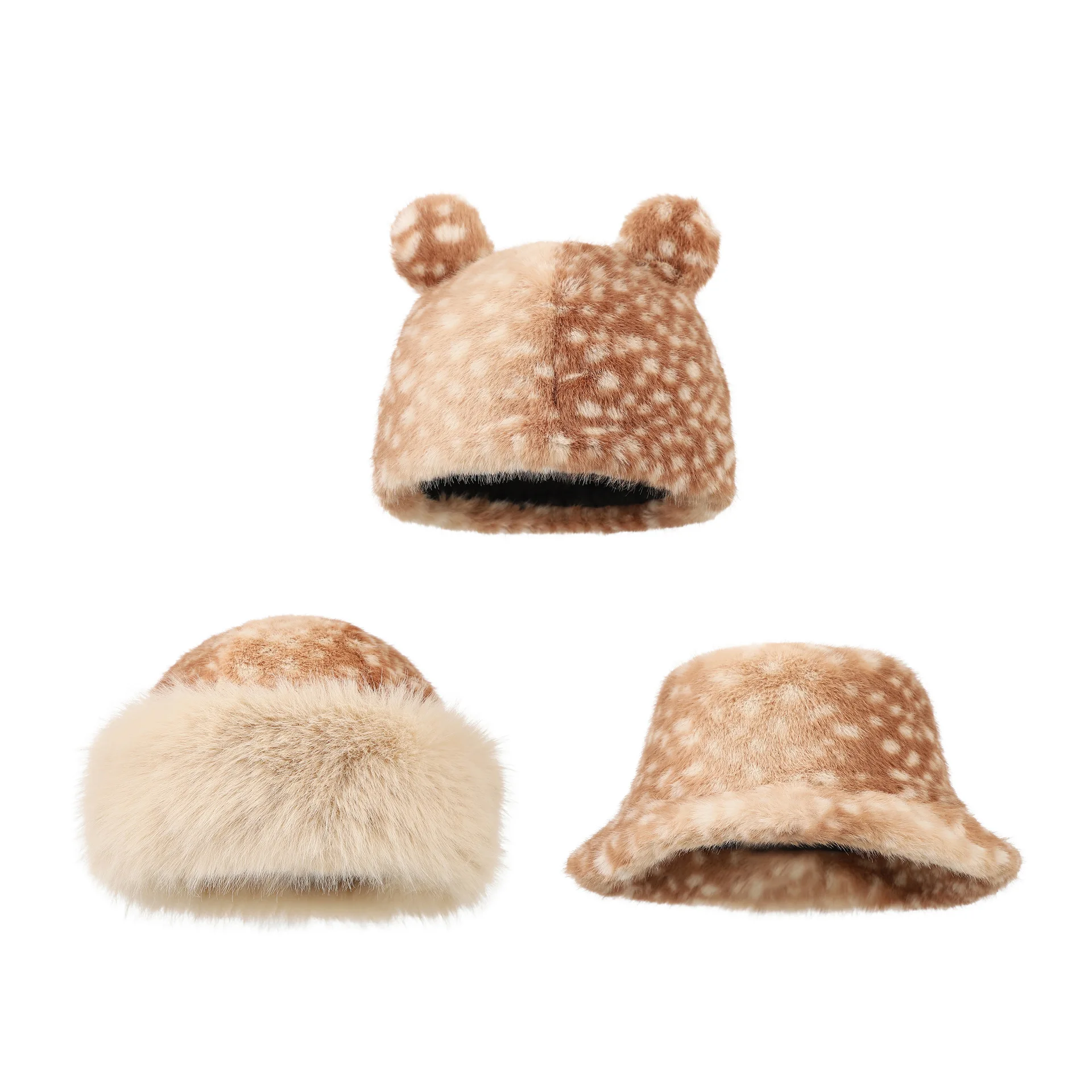 Autumn/Winter Fashion Faux Fur Bucket Hat Charming Fawn Print Steppe Mongolian Beanie Stylish Pull-Over Hat