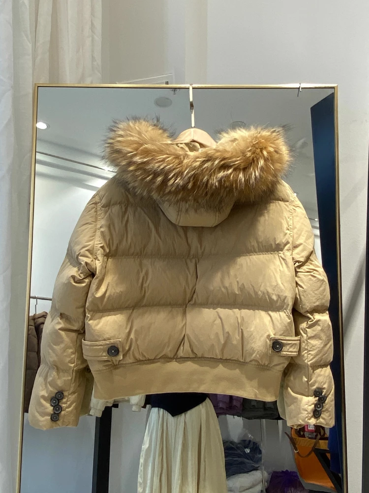 Super Große Echt Waschbären Pelz Kragen Unten Jacke Winter 90% Weiße Ente Puffer Mantel Frauen Lose Verdickt Warme Beiläufige Kurze Parkas