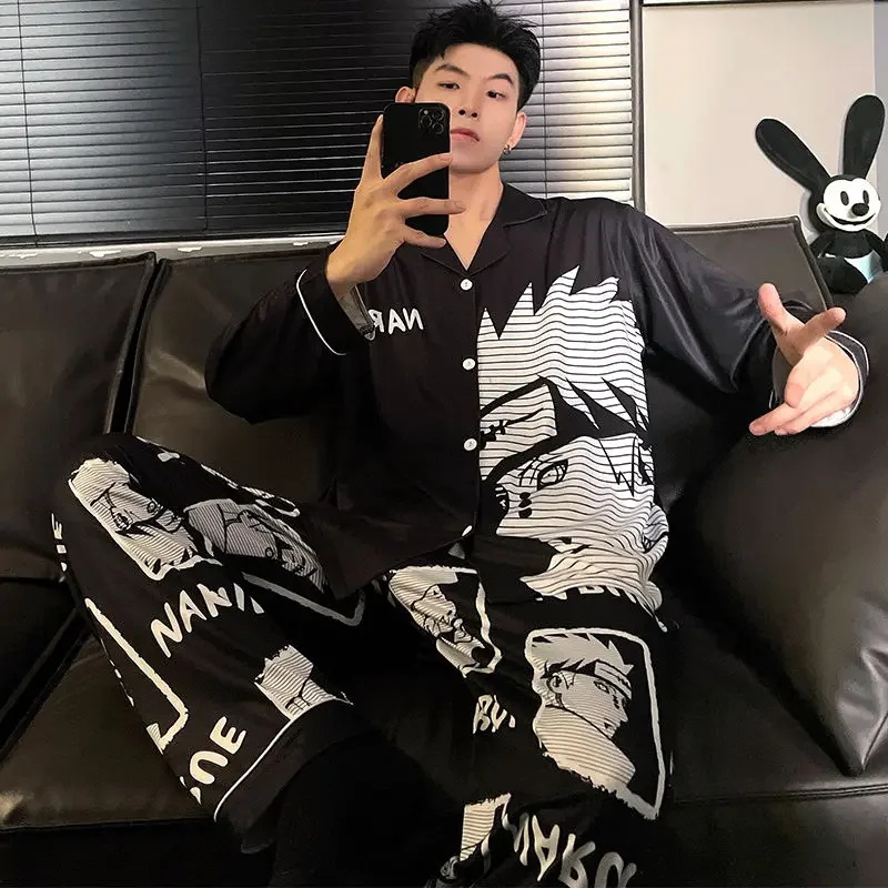 Naruto Pain Pajama Men Anime Sets Silk Satin Pijama Turn-down Collar  Long Sleeve Nightwear Male 2 Pieces Sets Cardigan Homewear