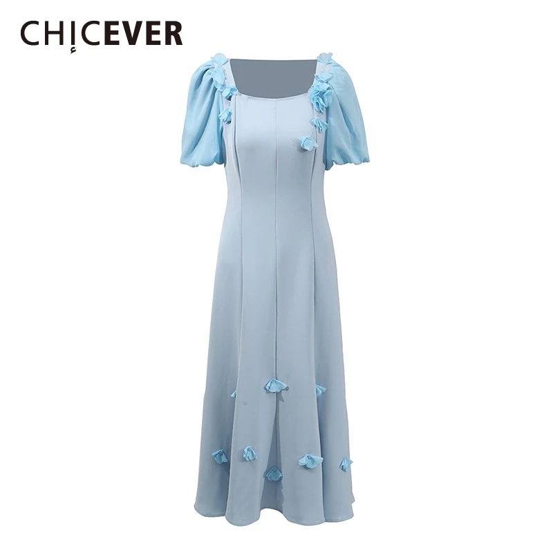 

CHICEVER Baby Blue Slimming Spliced Appliques Dresses for Women Square Neck Short Sleeves High Waist Elegant Party Dress Female
