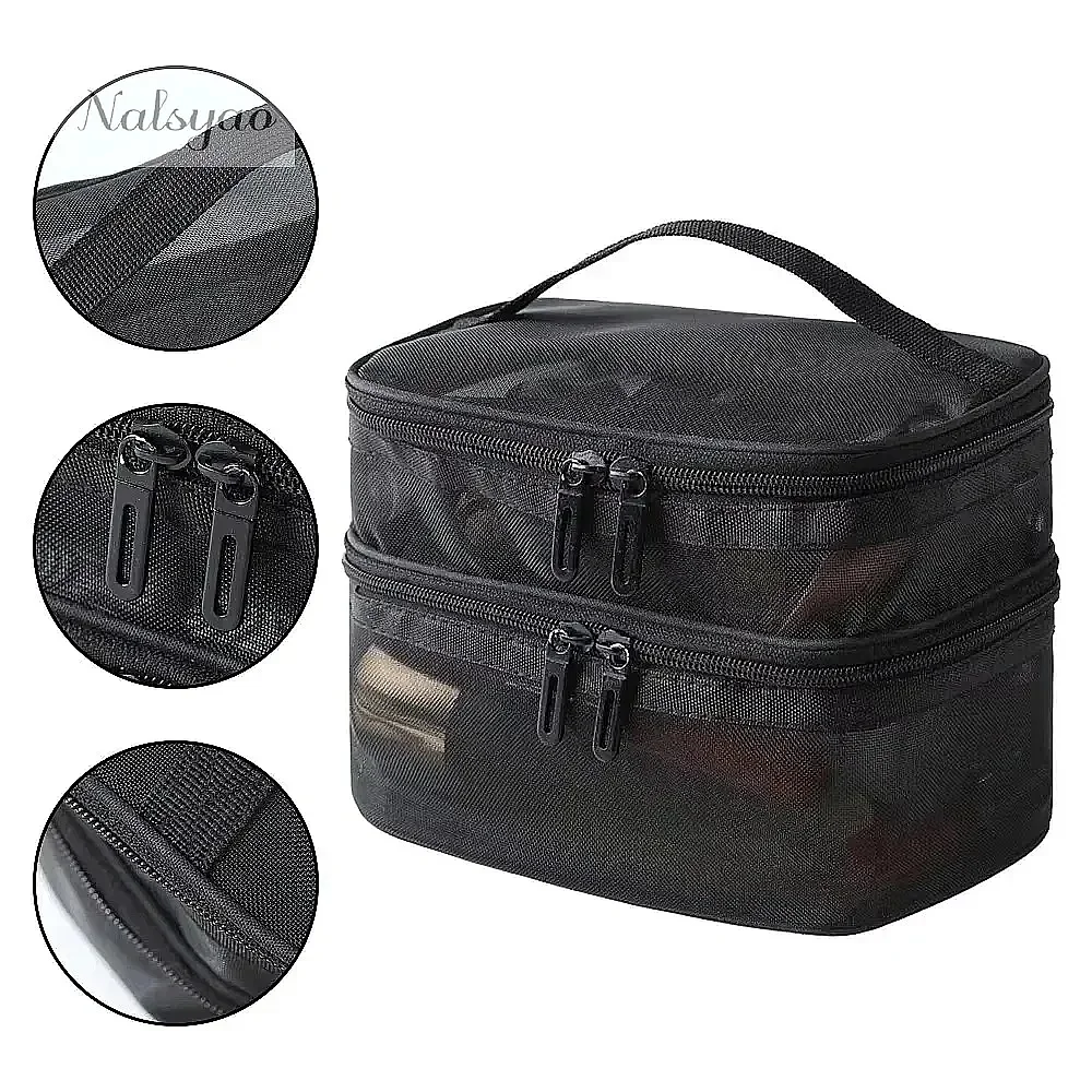 Double-Layer Handheld Mesh Storage Bag Dual Openings Large Capacity Soft Material Resists Deformation Transparent Visible
