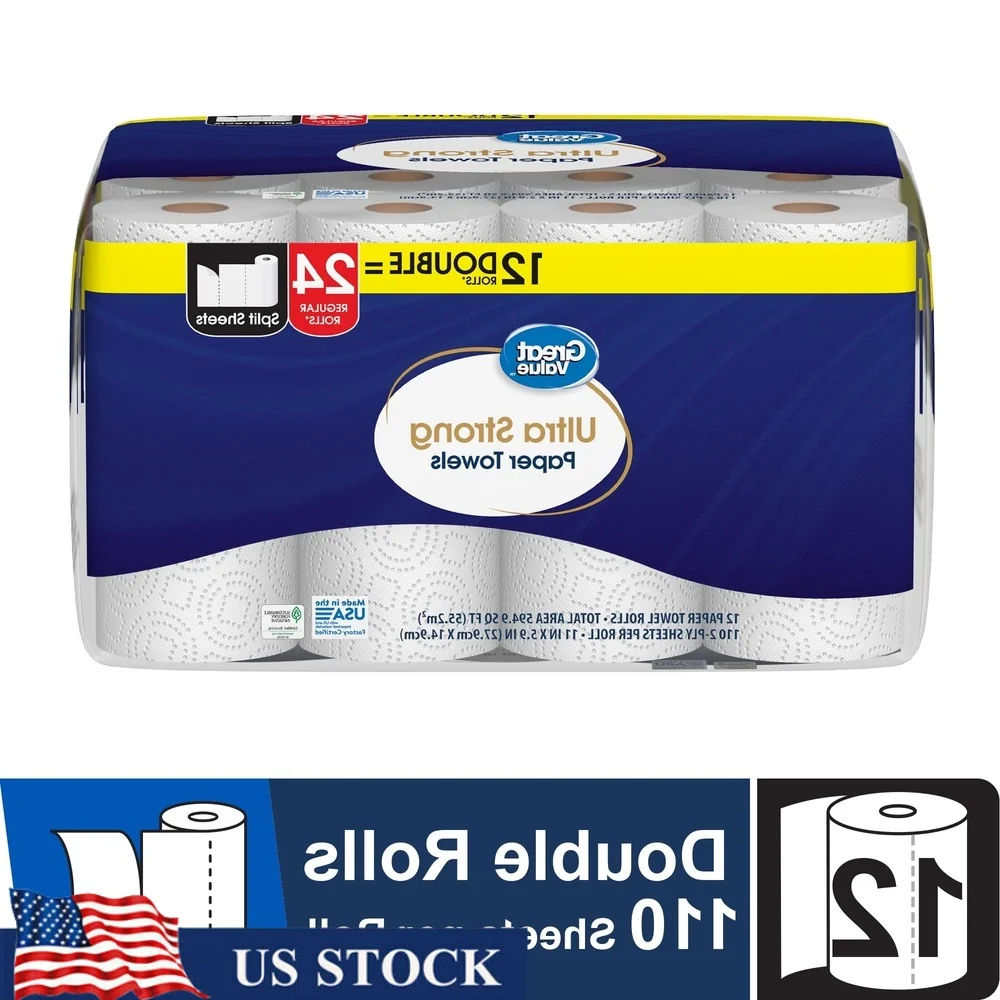 

Ultra Strong Paper Towels 12 Double Rolls 110 Sheets Per Roll Split Size Perforated Absorbent Durable Kitchen Bathroom Cleaning