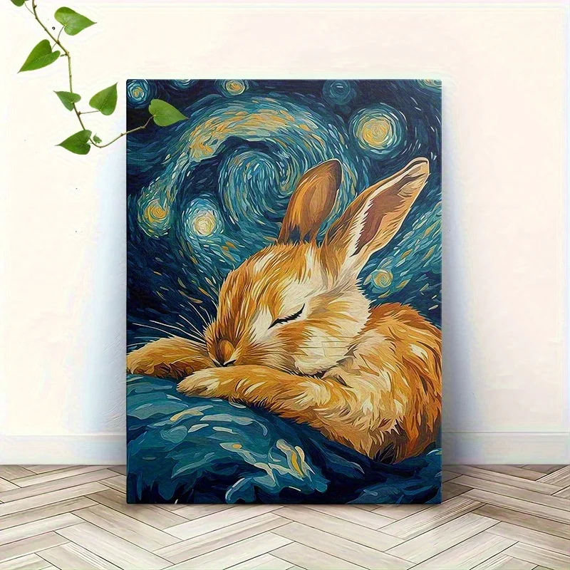 Frameless canvas paintings,Starry Night Rabbit Poster and Prints Cute Animal Sleeping Bunny Canvas Painting Wall Art Picture for