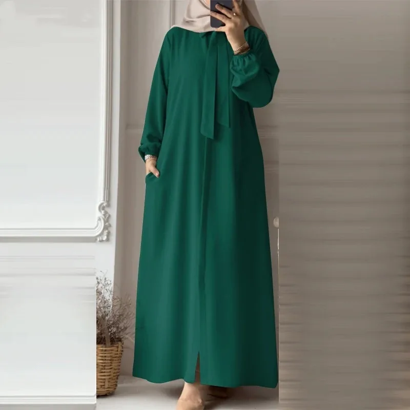 Cravate à la mode pour femmes musulmanes, revers, chemise à manches de couleur unie, jupe de soleil, poche, Cardigan ample, jupe longue