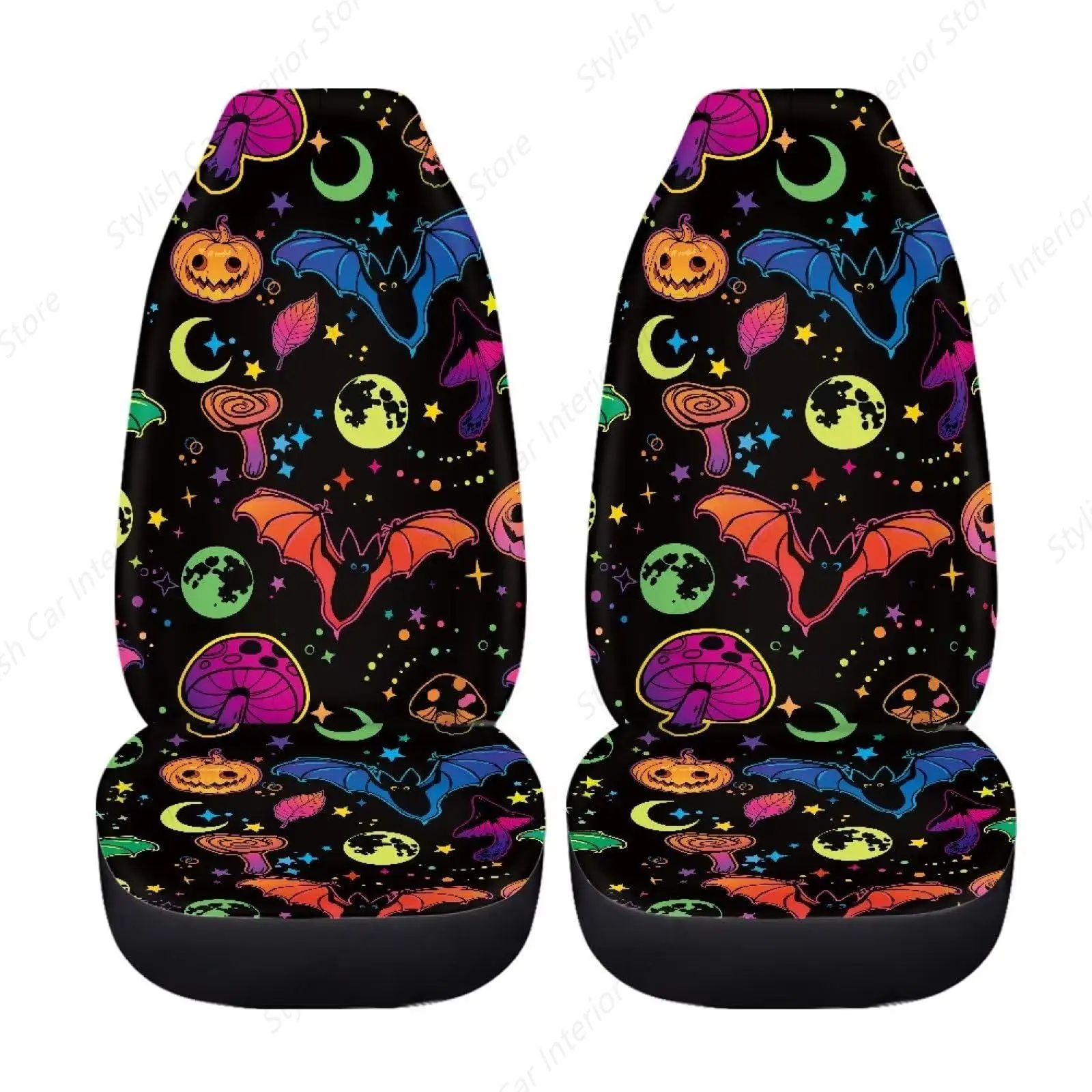 

2 шт. Чехлы на автомобильные сиденья с летучей мышью на Хэллоуин, красочные звезды, луны, грибы, авточехол на сиденье спереди, нескользящее пыленепроницаемое автомобильное ведро