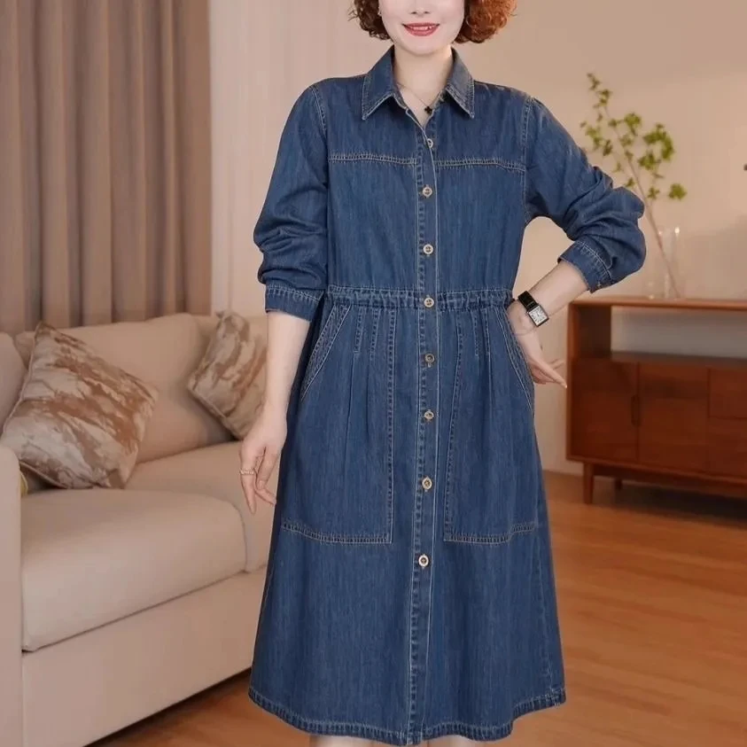 أزياء عارضة قميص الدنيم اللباس الربيع والخريف موسم المرأة الجديدة طويلة الأكمام واحدة الصدر فضفاض XQ318