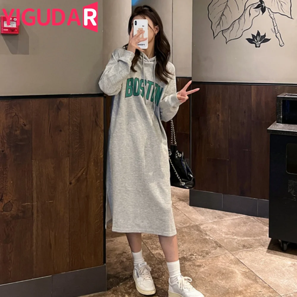 Winter Hooded Derss Woman Warm Thick Straight Ladies Dresses Pockets Loose Woman Dress Long Sleeve pregnant women clothing