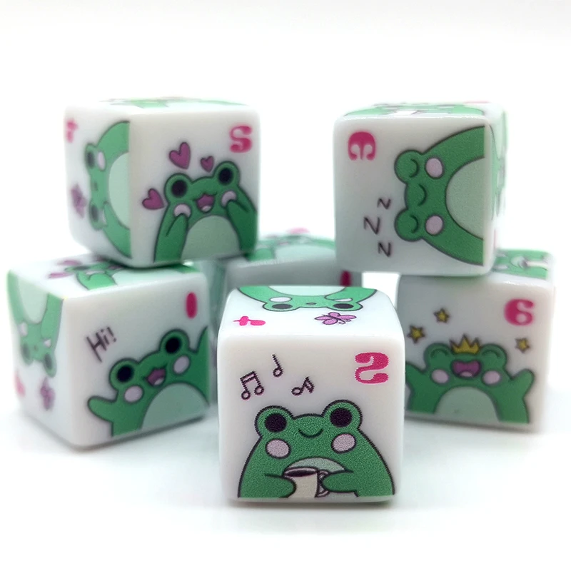 90Pcs/Set 16mm D6 Dice Acrylic Cute Cartoon Frog 6 Sided Dices For Playing Table Board Games Bar Pub Club Party DND