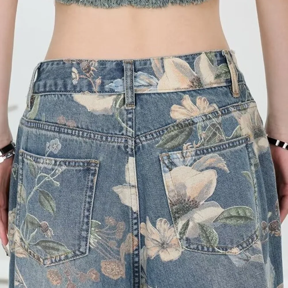 Grunge Floral Jeans Women Y2K Ripped Ins Broken Hollow Pants Loose Streetwear Flower Cowboy Pants Boys Girls