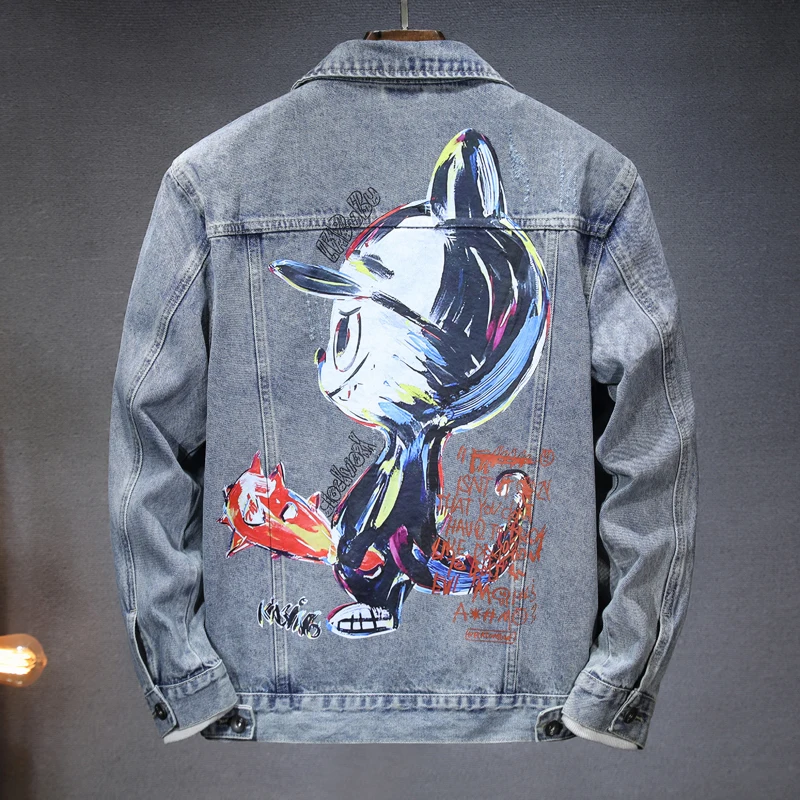 

2024 Autumn New Trendy Street Cowboy Jacket Men's Retro Washed Fashion Cartoon Printed Casual Loose Denim Coat