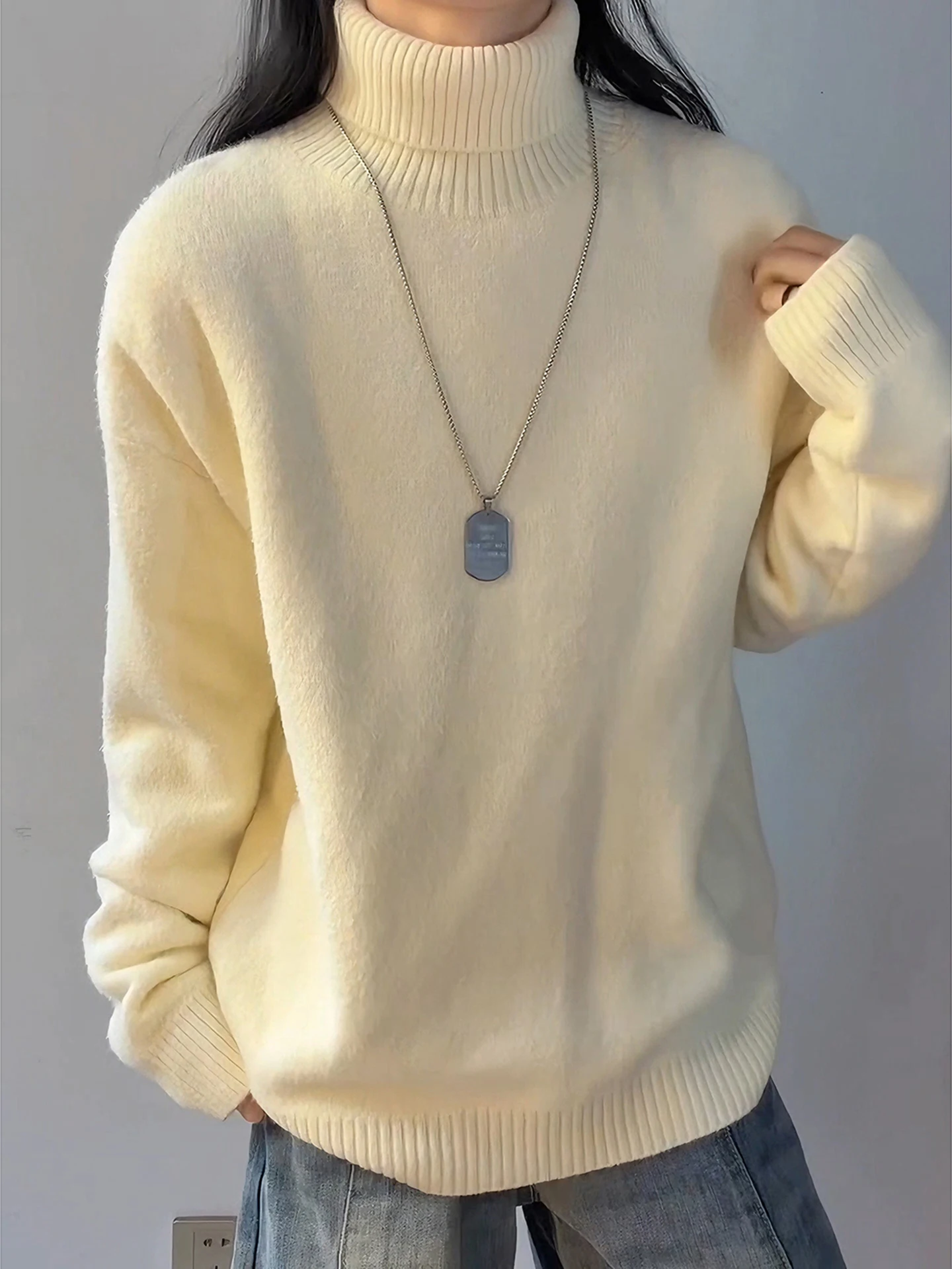 

Мужской трикотаж с высоким воротником на подкладке, зимний теплый свободный свитер среднего размера, мягкий хлопок, повседневная одежда для пары