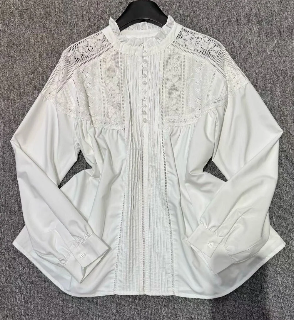 

Новые блузки высокого качества 2026, весна-лето, стильная женская сексуальная кружевная лоскутная блузка с длинным рукавом, повседневная свободная белая рубашка, женская блузка