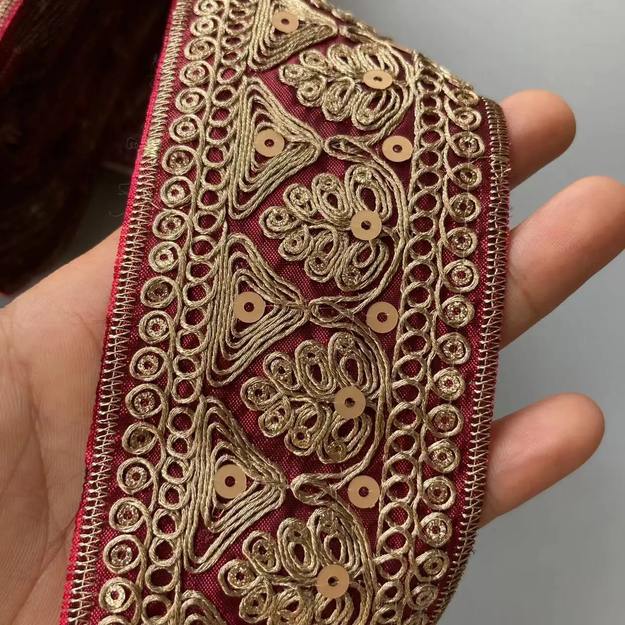 1 Yard Red Gold Thread Lace Fabric Trim Ethnic Style Clothing Sequins Embroidered For Curtain Shoes Jacquard Ribbon Accessories